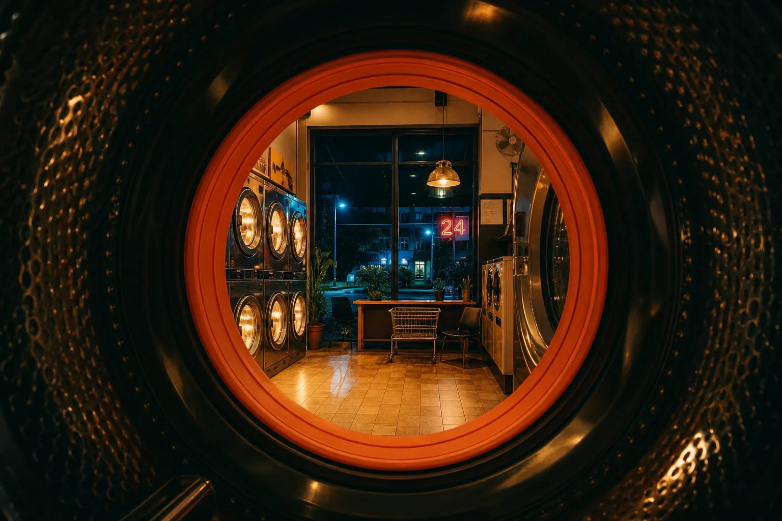 Looking out through the orange ring of a LaundryHub machine